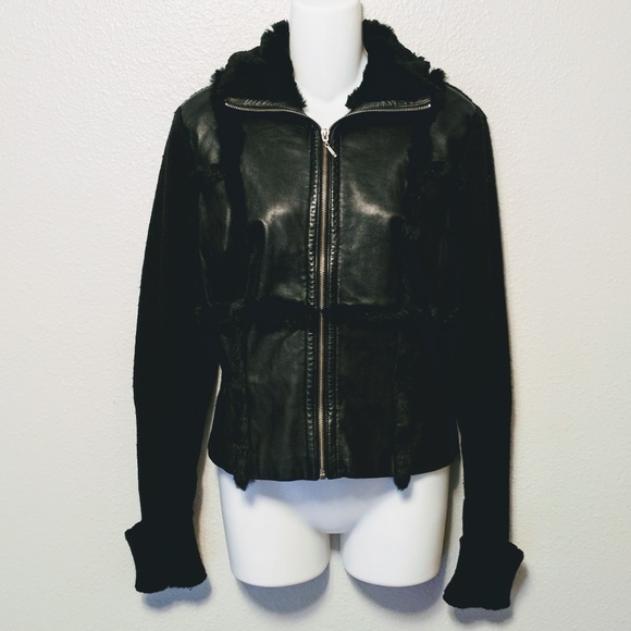 Vakko | Leather & Rabbit Fur Wool Sweater Jacket - Picture 1 of 8